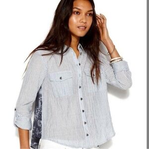 NWT Free People Blue Striped Party in the Back Button-Up Blouse Size M
